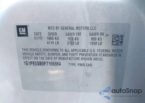 2015 Chevrolet Cruze 2Lt Auto from USA, damaged, VIN 1G1PE5SB8F7166884